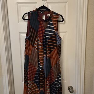 Cato Geometric Midi Dress in Black, Orange, and Blue